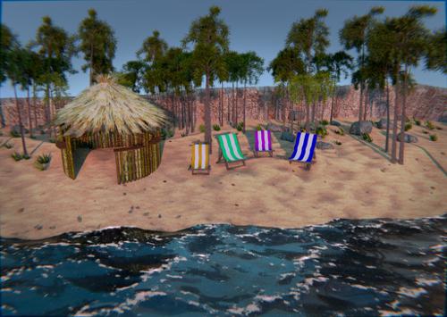 Beach with Tiki Hut, Palm Trees and Beach chairs preview image